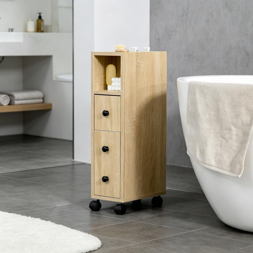 Oak Grain Freestanding Compact Bathroom Cabinet - 2 Open Shelves 1 Door Cabinet 1 Drawer on 4 Rolling Wheels for Storage