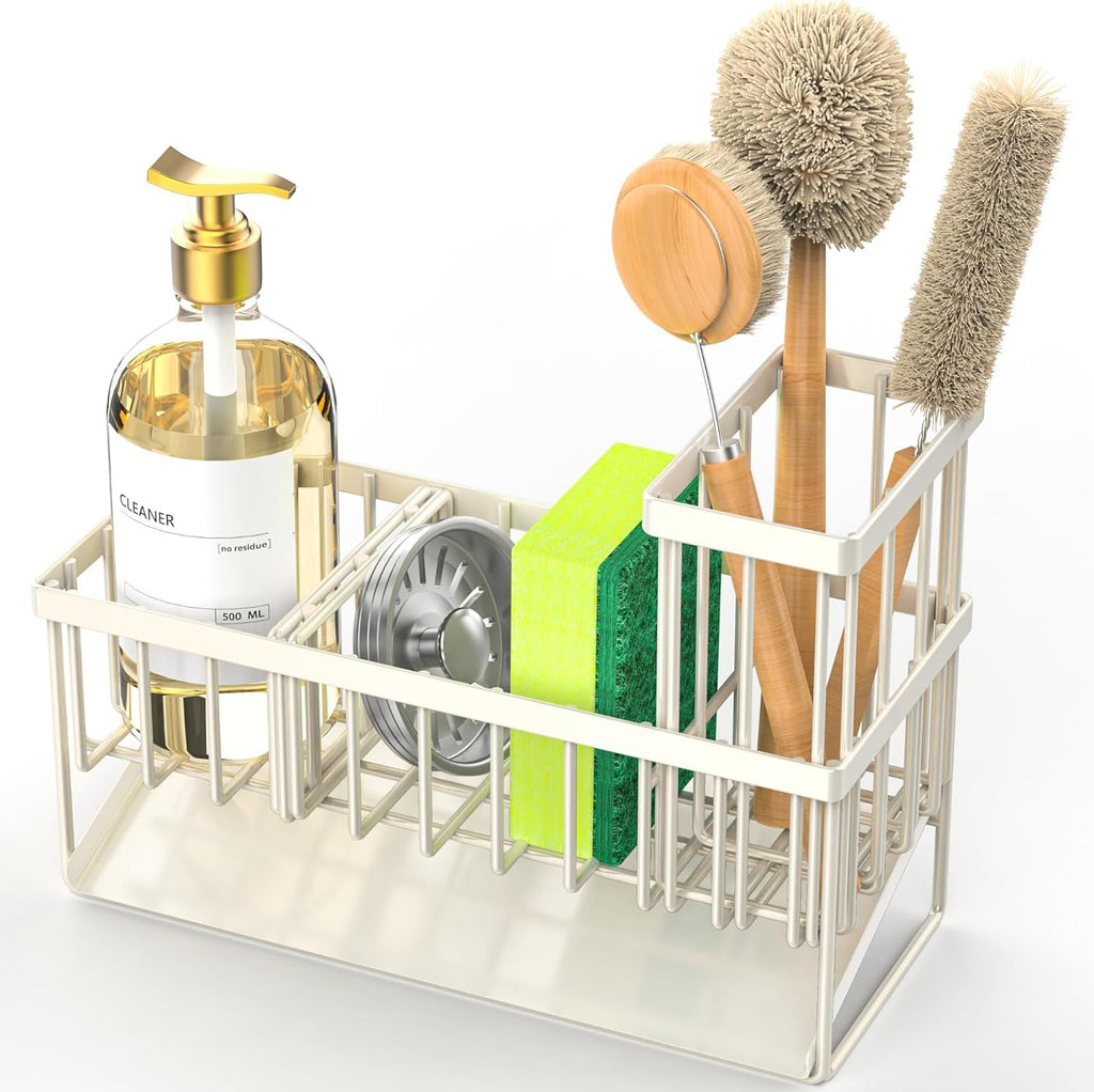Off White Sponge Holder for Kitchen Sink, Sink Caddy Organizer with High Brush Holder, Kitchen Countertop Rustproof 304 Stainless Steel, Soap Dispenser Kitchen Organizers and Storage Essentials