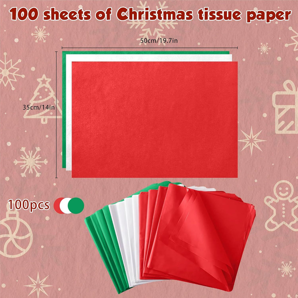 OHOME Christmas Tissue Paper - 100 Sheets 20"x14" Red Green White Wrapping Paper | Christmas Decorations Decor for Gift Bags Boxes - Xmas Navidad Holiday Party Favors Supplies