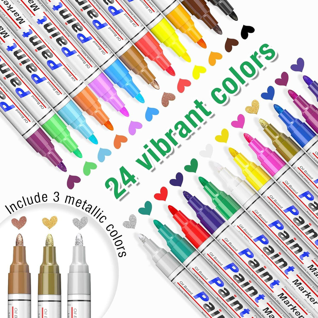 Oil Based Paint Pen: Permanent Paint Marker, Quick-Dry, Waterproof Paint Set of 24 for Metal, Wood, Easter egg, Rock Painting, Glass, Fabric, Ceramic, Mug, Plastic, Stone, Christmas Stencil