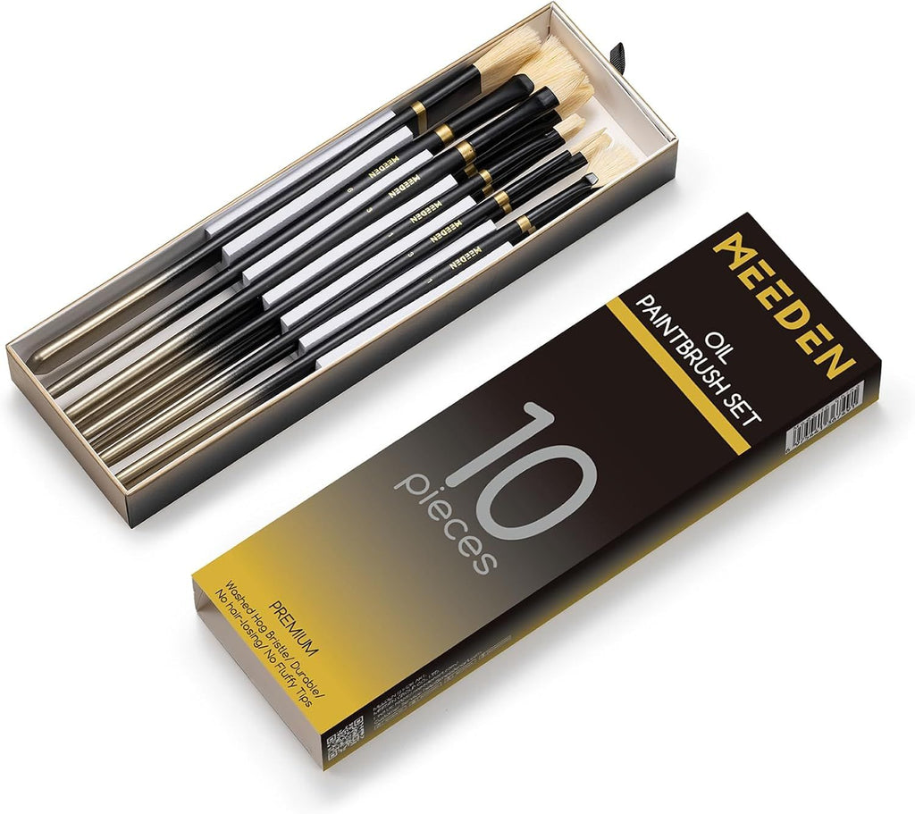 Oil Paint Brush Set: 10 Pcs Hog Bristle Paint Brushes with Wood Long Handle - Artist Paint Brush Set for Adults Beginners - Perfect for Oil Acrylic Canvas Painting