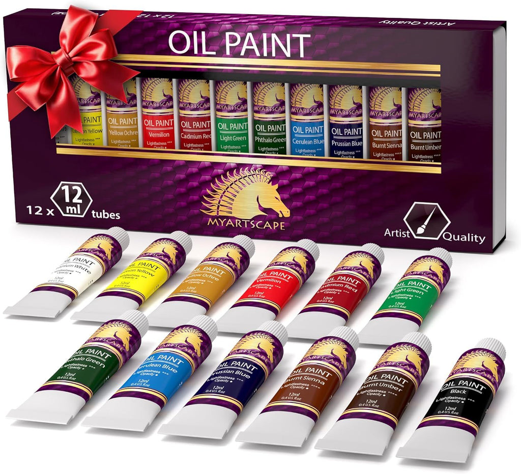 Oil Paint Set - 12 x 12ml Tubes - Lightfast - Heavy Body - Oil-based Vibrant Colors - High Pigment Load - Non-fading - Artist Quality Painting Supplies - Professional Craft Paints