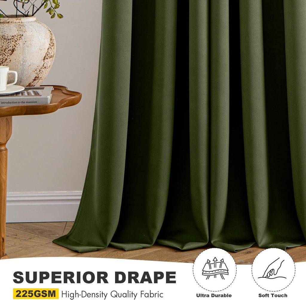 Olive Green Blackout Curtains for Bedroom Living Room 63 Inches Long 2 Panels, Thermal Insulated Room Darkening Drapes Solid Grommet Top Noise Reducing Dark Green Window Treatments 40x63 Inch