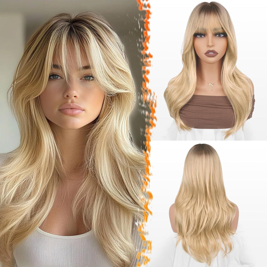 Ombre Blonde Layered Wig with Bangs - 20 Inch Blonde Ombre Layered Wig with Dark Roots for Women - Natural Looking Soft Wavy Synthetic Sabrina Wigs Layers Haircut Fringe Daily