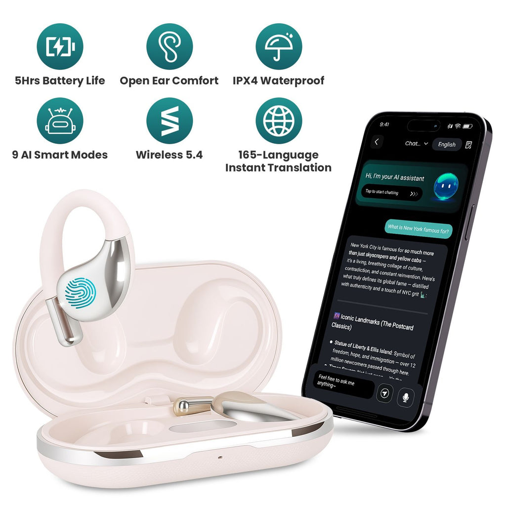 Open-Ear AI Translation Earbuds 165-Language Real-Time AI Headphone Wireless 5.4 Translating Earbuds with Charging Case for Travel Meetings Language Learning