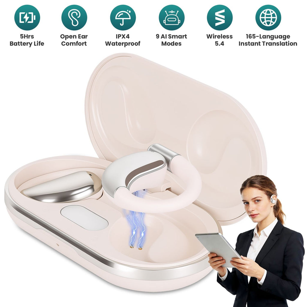 Open-Ear AI Translation Earbuds 165-Language Real-Time AI Headphone Wireless 5.4 Translating Earbuds with Charging Case for Travel Meetings Language Learning