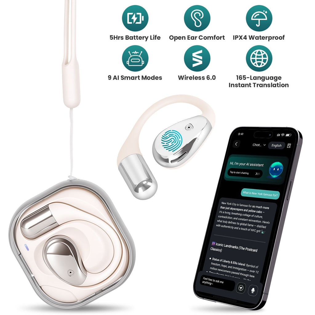 Open-Ear AI Translation Earbuds 165-Language Real-Time AI Headphone Wireless 6.0 Translating Earbuds with 360° Rotating Charging Case Lanyard for Travel Meetings Language Learning