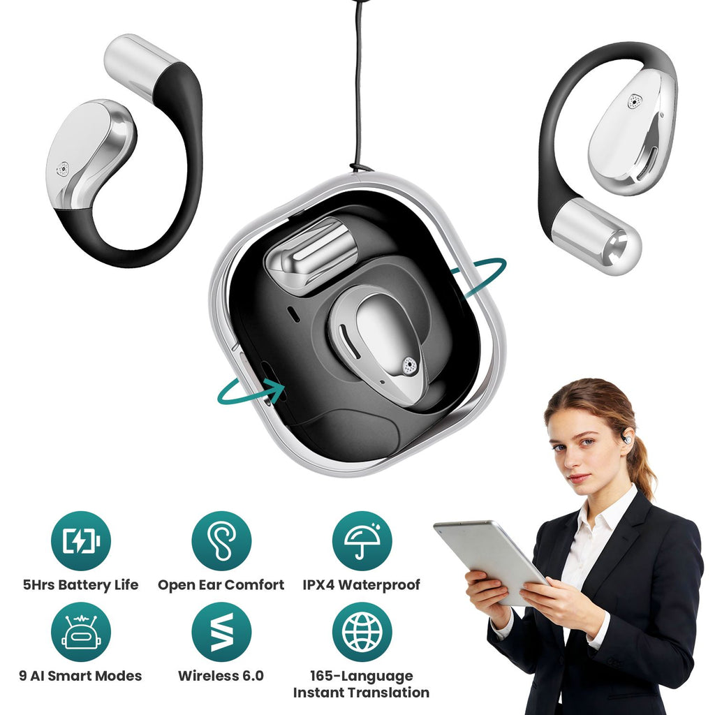 Open-Ear AI Translation Earbuds 165-Language Real-Time AI Headphone Wireless 6.0 Translating Earbuds with 360° Rotating Charging Case Lanyard for Travel Meetings Language Learning