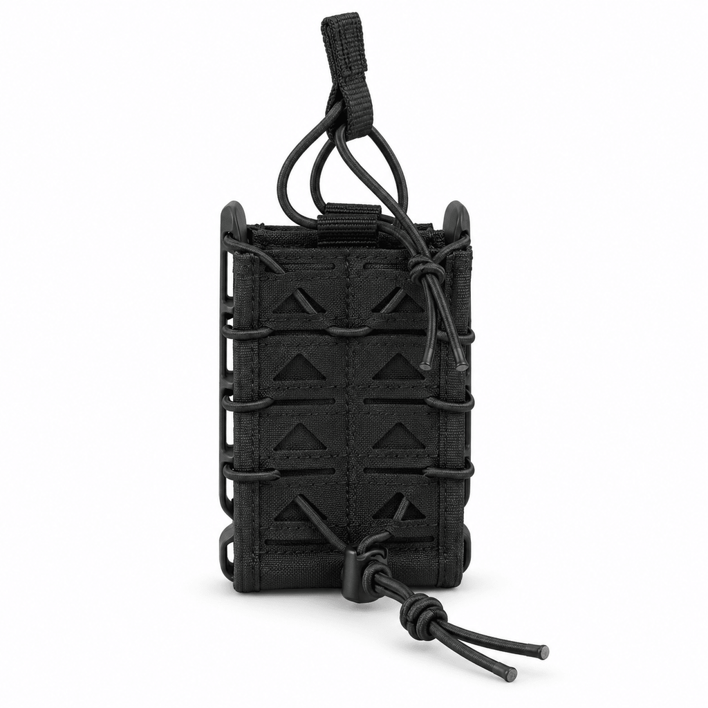 Open Top Single Magazine Pouch with Adjustable Elastic Retention, Rigid Side Frame and Rear Attachment Straps for Tactical Belt, Vest and Backpack