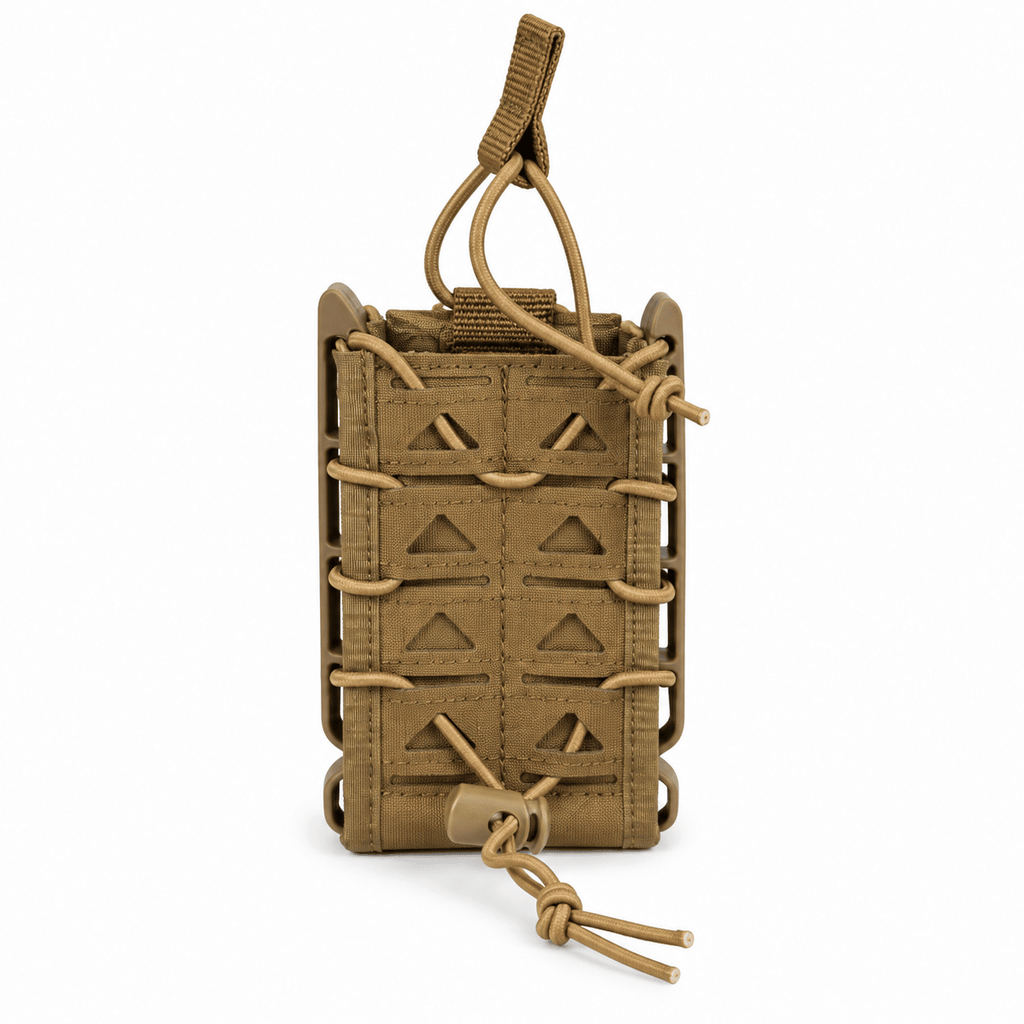 Open Top Single Magazine Pouch with Adjustable Elastic Retention, Rigid Side Frame and Rear Attachment Straps for Tactical Belt, Vest and Backpack