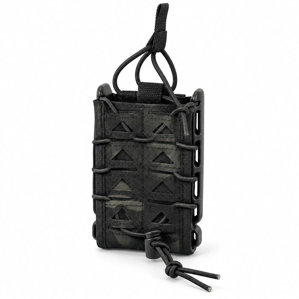 Open Top Single Magazine Pouch with Adjustable Elastic Retention, Rigid Side Frame and Rear Attachment Straps for Tactical Belt, Vest and Backpack