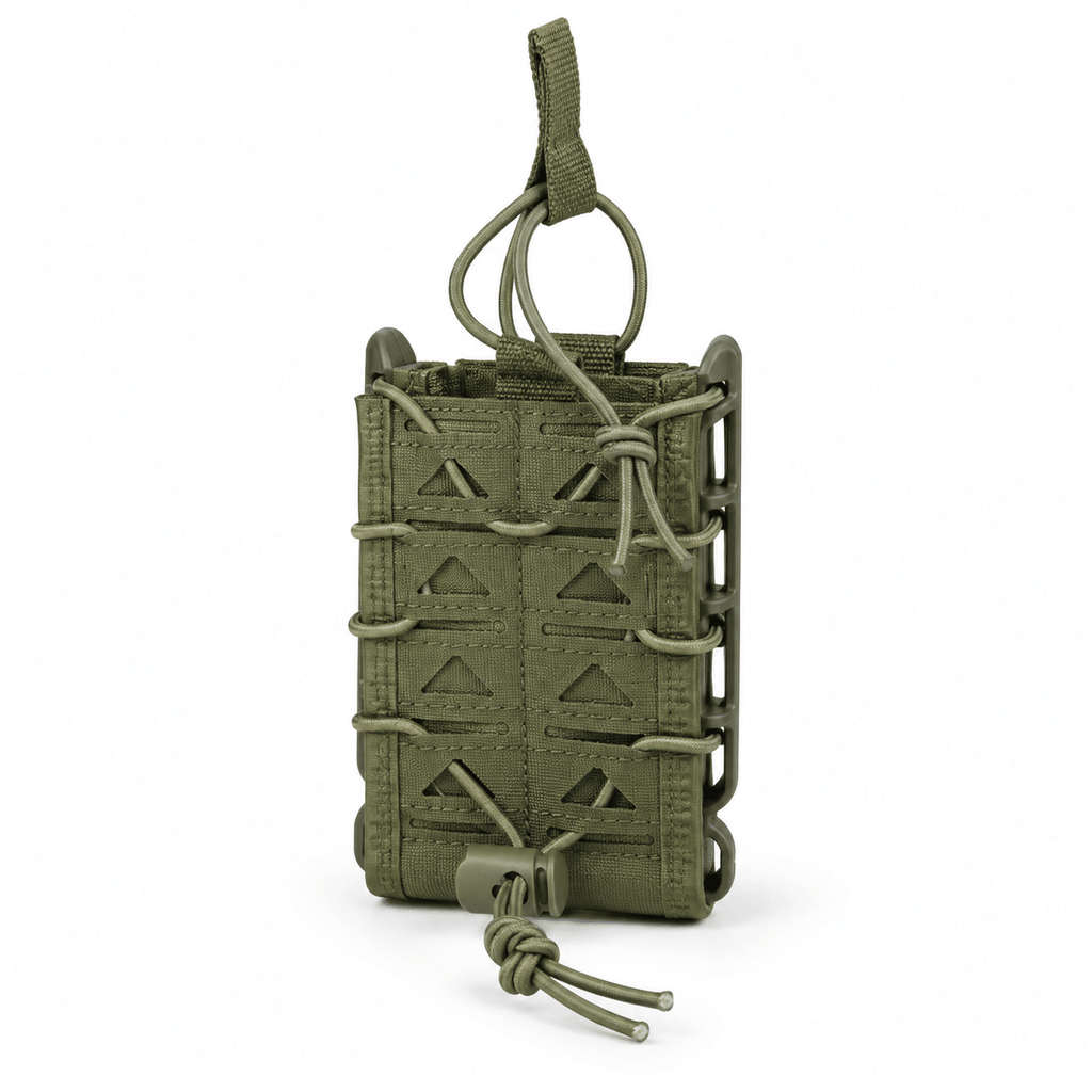 Open Top Single Magazine Pouch with Adjustable Elastic Retention, Rigid Side Frame and Rear Attachment Straps for Tactical Belt, Vest and Backpack
