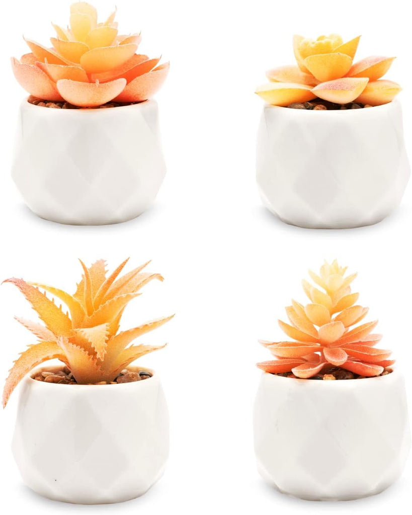 Orange Artificial Succulent in Pots (White Ceramic, 4 Pot Set) Fake Plants for Indoors, Office Home Decor Gifts-Faux Plant Gifts for Women