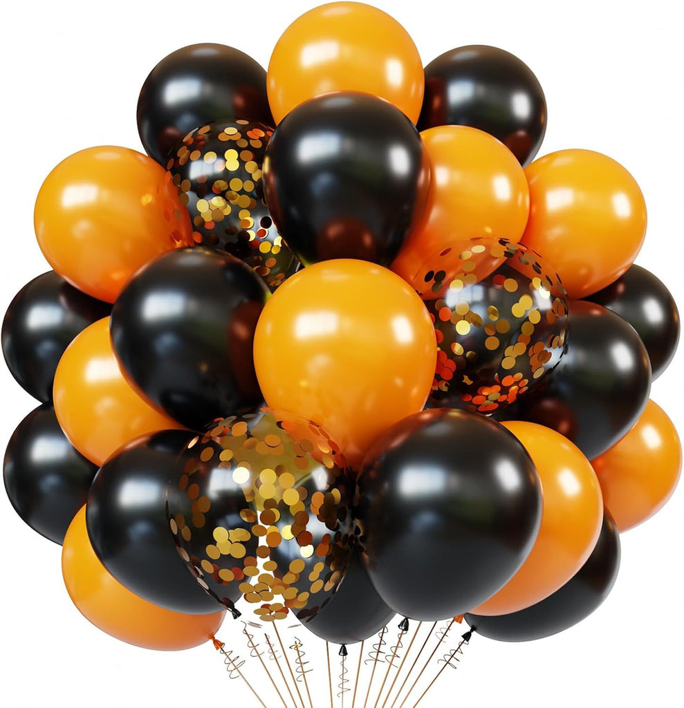 Orange Black Latex Balloons, 65pcs 12 Inches Black Orange Confetti Balloons with 1 Ribbon for Halloween, Birthday, Graduation, Harley Davidson Party Decorations