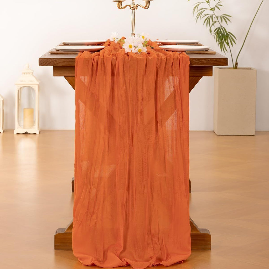 Orange Fall Thanksgiving Cheesecloth Table Runner Boho Rustic Gauze 120 inch 10FT Cheese Cloth Runner for Wedding Party Baby Shower Birthday Home Decor Holiday Decorations
