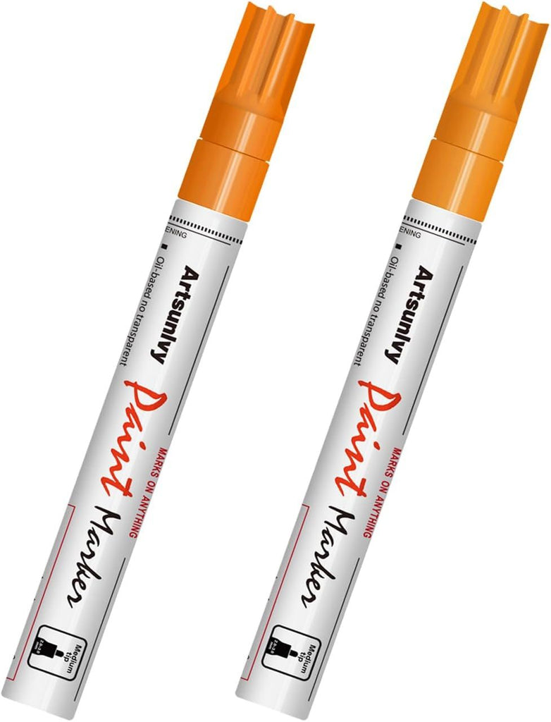 Orange Paint Pens Permanent Markers - 2 Pack Oil Based Quick Dry Waterproof Markers for Tire, Rubber,Wood, Rocks, Metal, Canvas, Plastic, Dark Surface,Craft Art Supplies,Medium Point