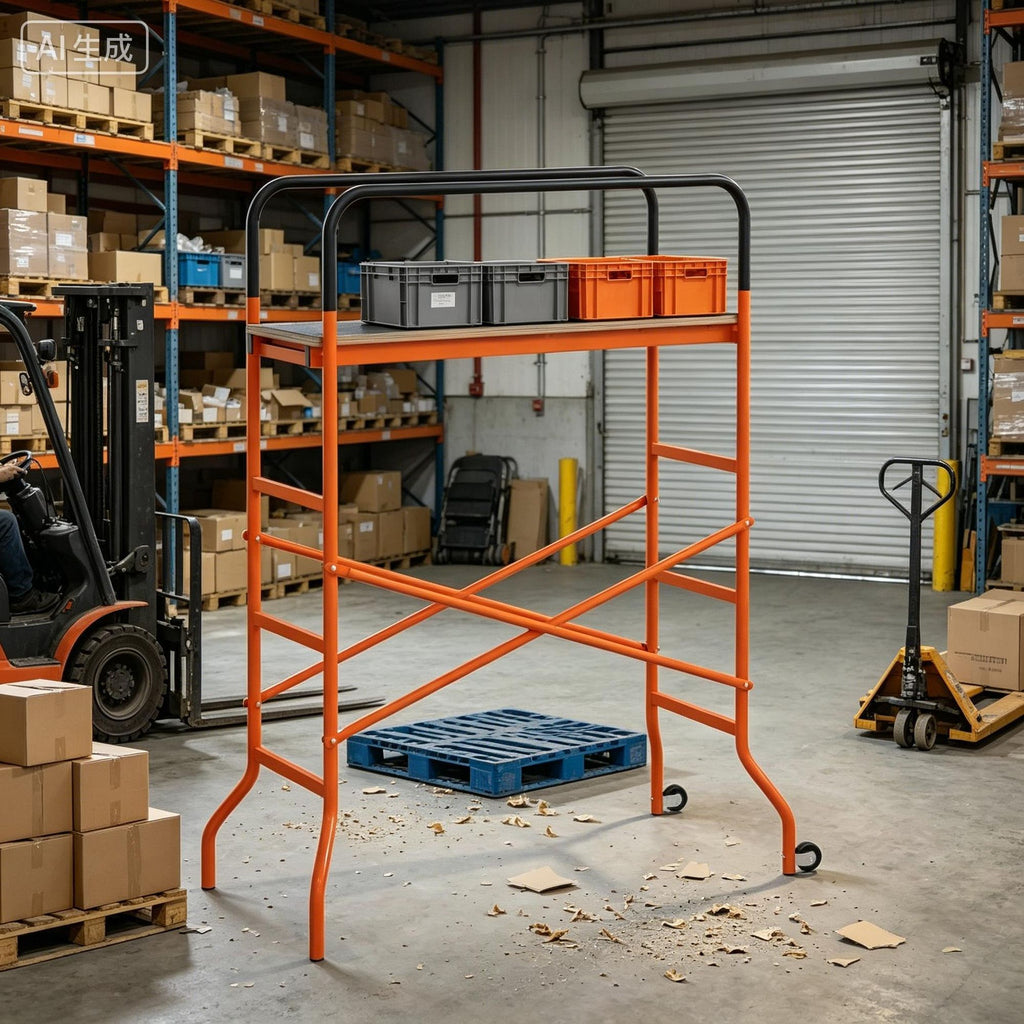Orange rolling scaffolding with wheels for construction safety passage equipment, mobile scaffolding for work platforms