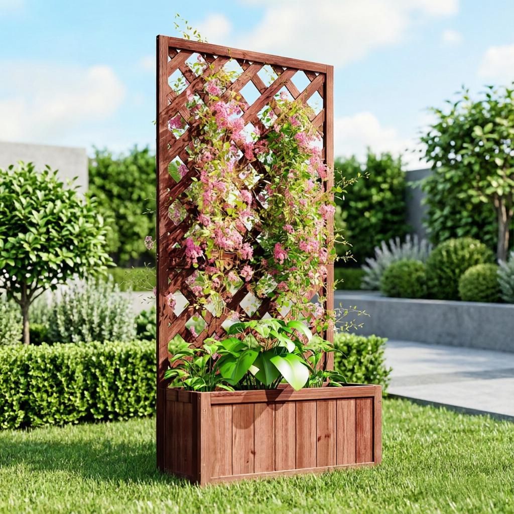 Orange Wooden Raised Garden Bed Planter Box with Trellis for Climbing Plants And Flowers