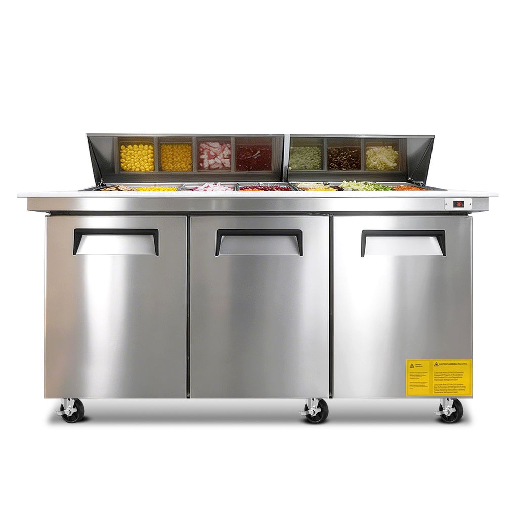 Orikool 72M IN Commercial Refrigerators Sandwich&Salad Prep Table with a Butcher Block Cutting Board, Protection Lid, Cold Storage, ETL Certified