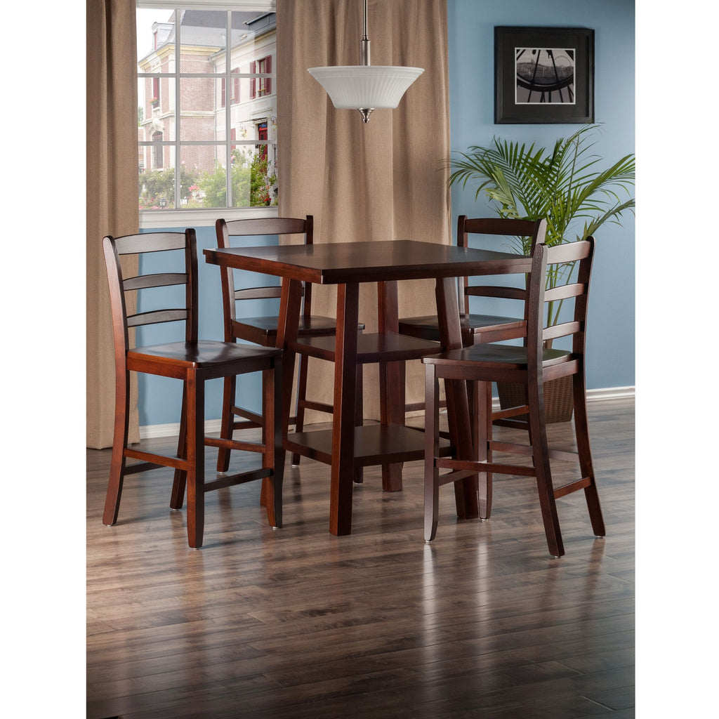 Orlando 5-Pc Set High Table; 2 Shelves w/ 4 Ladder Back Stools