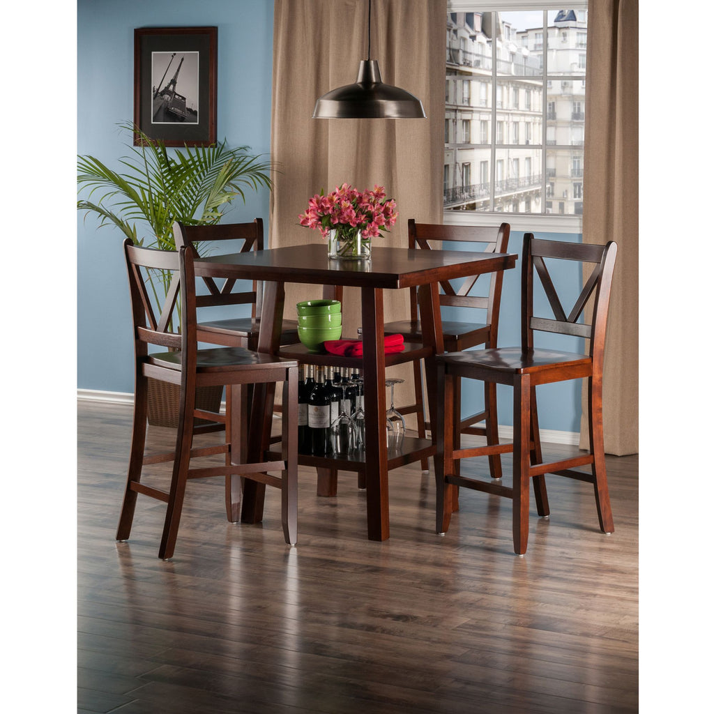 Orlando 5-Pc Set High Table; 2 Shelves w/ 4 V-Back Counter Stools