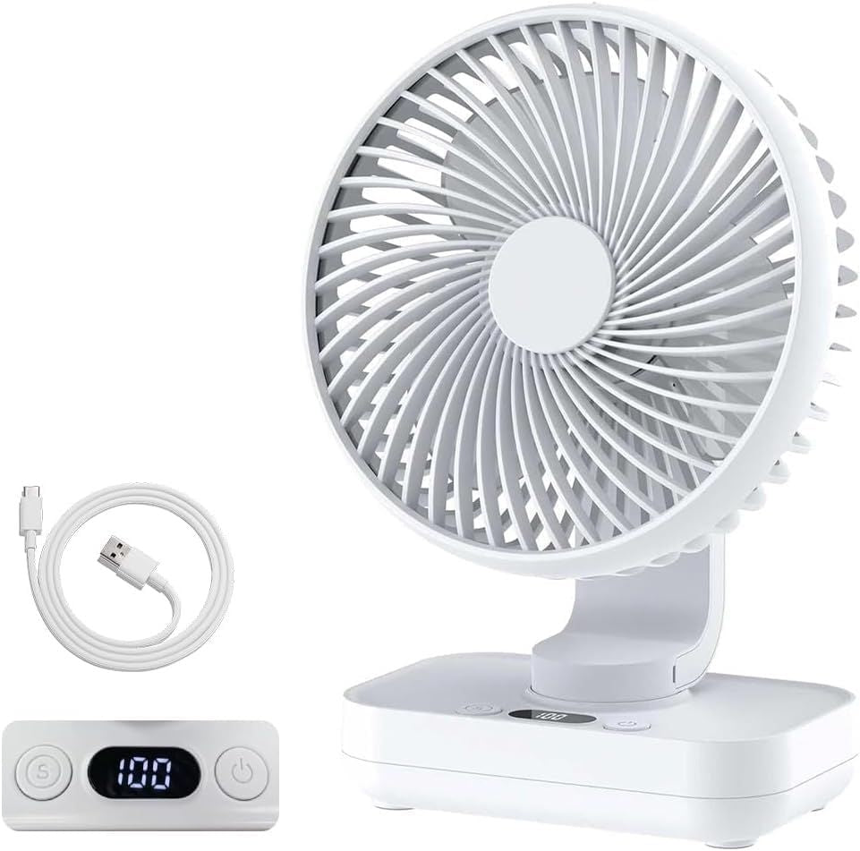 Oscillating Small Desk Fan, with USB Rechargeable Battery, Ultra Quiet, 4 Speeds, 13-Hour Runtime, Wall-Mount Option, Quiet Fan, Home, Bedroom and Office, White
