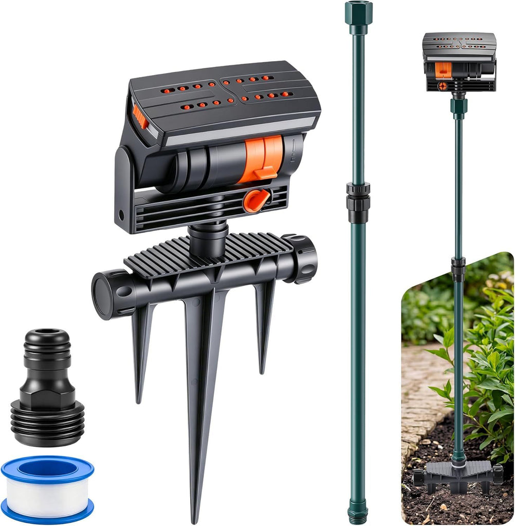 Oscillating Sprinkler with Adjustable Aluminum Riser, 4 Way Lawn Sprinklers for Yard and Garden, 16 Nozzles, Cover up to 4.069 sq. ft Ideal for Watering Different Heights