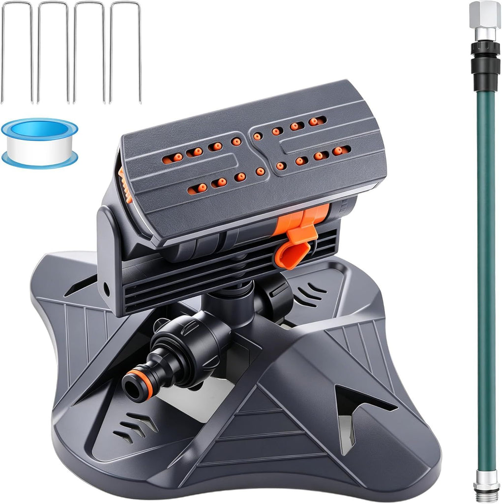 Oscillating Sprinkler with Adjustable Aluminum Riser, 4 Way Lawn Sprinklers for Yard and Garden, 16 Nozzles, Cover up to 4.069 sq. ft Ideal for Watering Different Heights