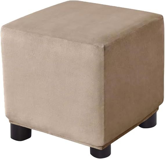 Ottoman Cover Square Velvet Storage Ottoman Slipcovers Thick Stretch Footrest Foot Stool Covers Protector with Elastic Band(Small-Camel)