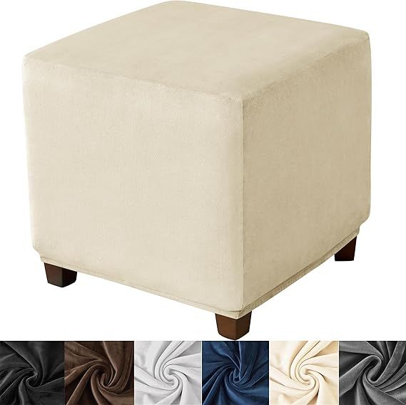 Ottoman Cover Square,Stretch Velvet Square Thick Slipcover Washable Storage Foot Stool with Elastic Bottom Beige Small 20230624XZFXDT-13