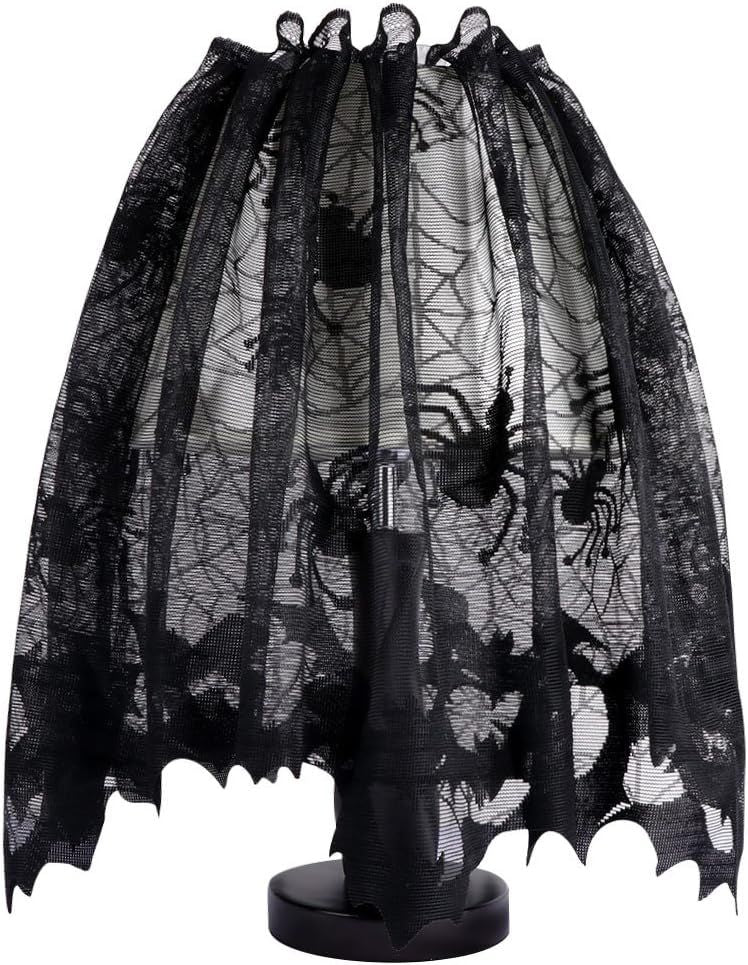 OurWarm 18 x 60 Inch Halloween Black Lace Lamp Shade Cover with Ribbon, 3 in 1 Black Spider Lamp Shade Covers for Halloween Decorations