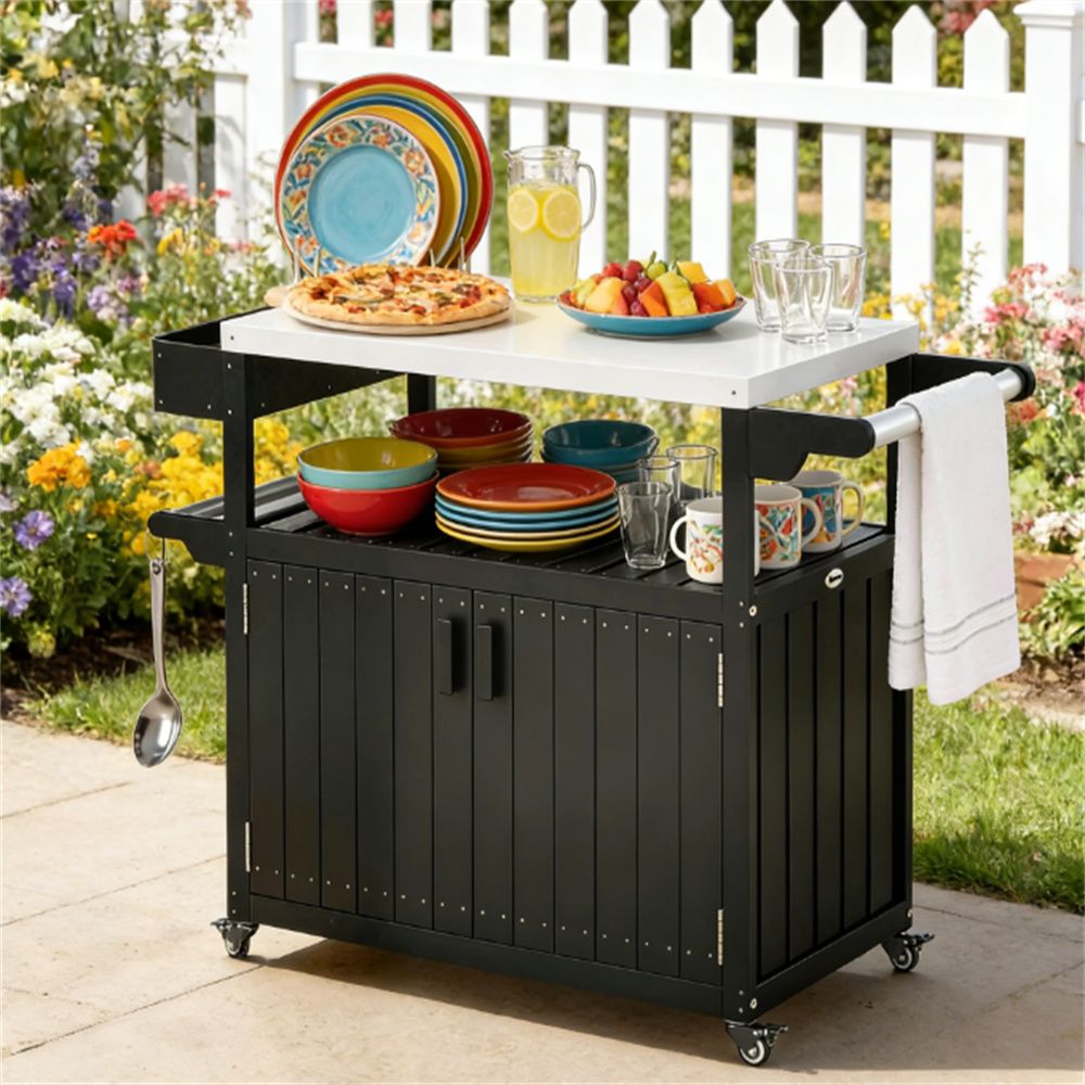 Outdoor bar cart, storage cabinet, shelf, kitchen island, black