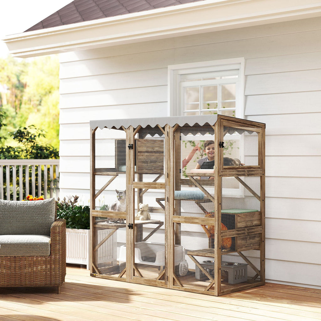 Outdoor Cat Enclosure with Window Access, 5 Platforms and 2 Resting Boxes, Waterproof Roof for Multiple Cats, Brown