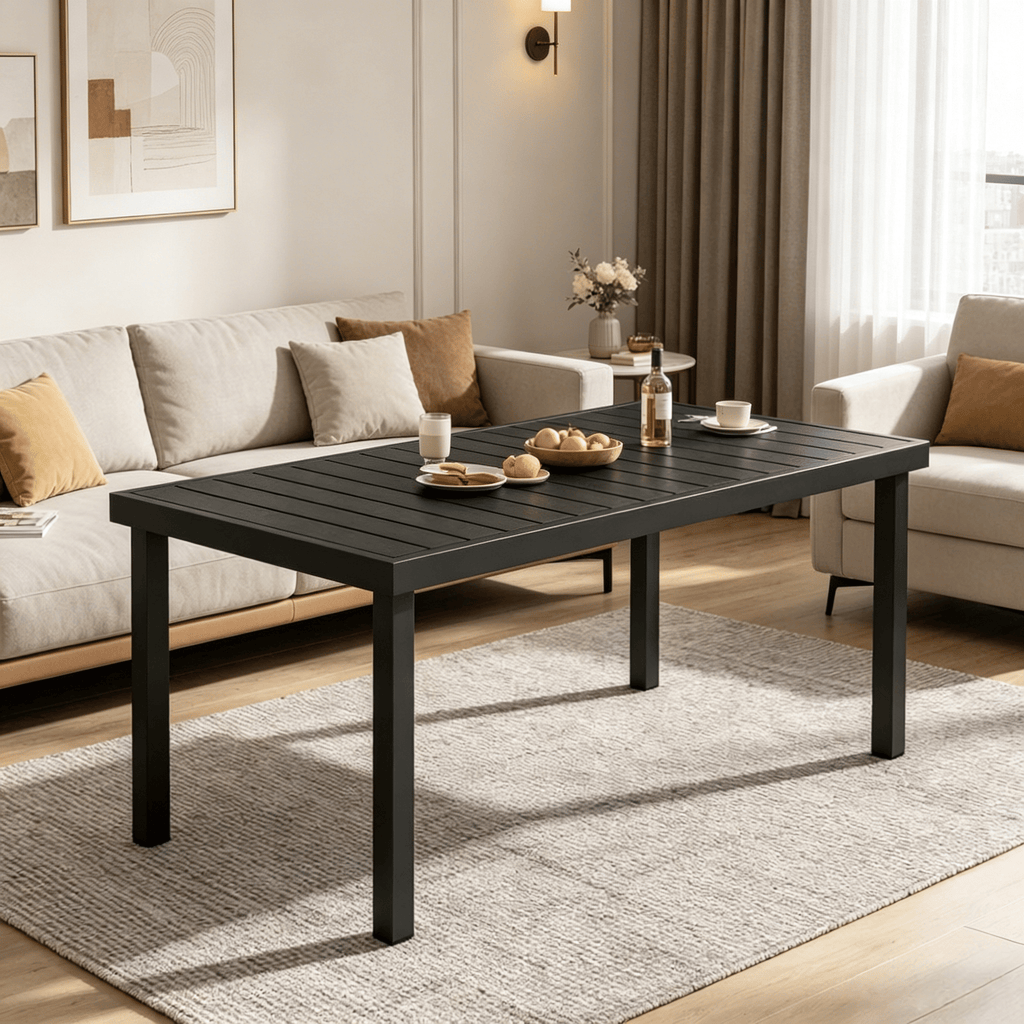 Outdoor Dining Table 75" X 35" for 8 People Rectangular Aluminum Frame Garden Table with All-Weather Faux Wood Top for Lawn Patio Black