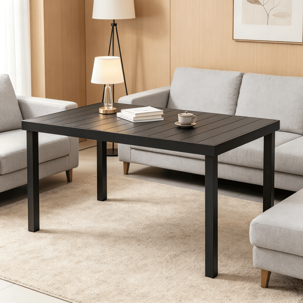 Outdoor Dining Table for 6 Person Rectangular Patio Table Aluminum Metal Legs Garden Lawn Patio Woodgrain Black