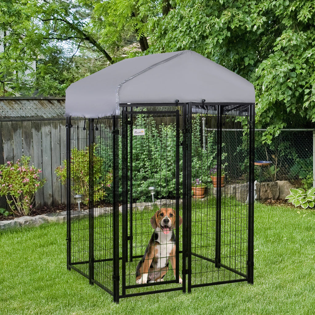 Outdoor Dog Kennel with Roof, 4' x 4' x 6' Heavy Duty Welded Wire Dog Playpen Enclosure with Escape-proof Lock, UV-Resistant & Waterproof Cover, for Medium Dogs, Chickens, Ducks, Silver