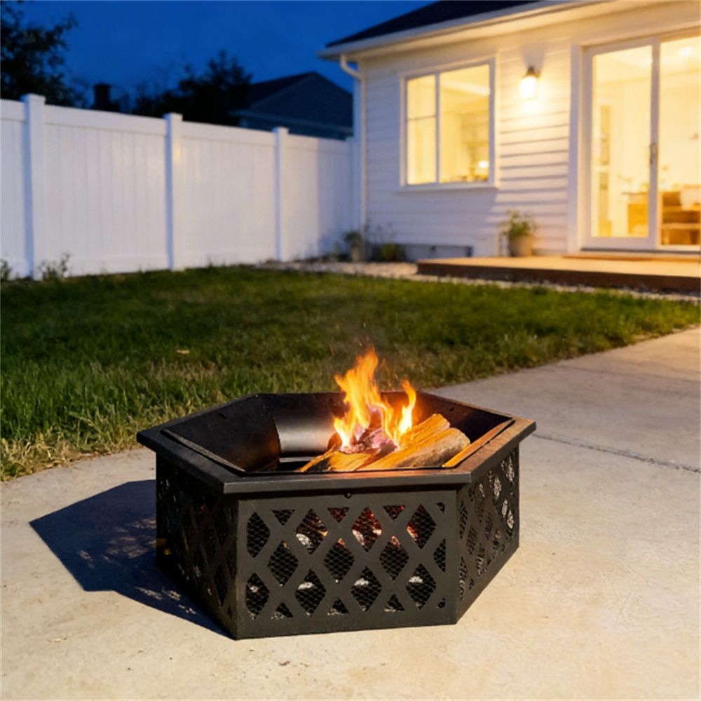 Outdoor fire pit with barbecue grill, fireplace