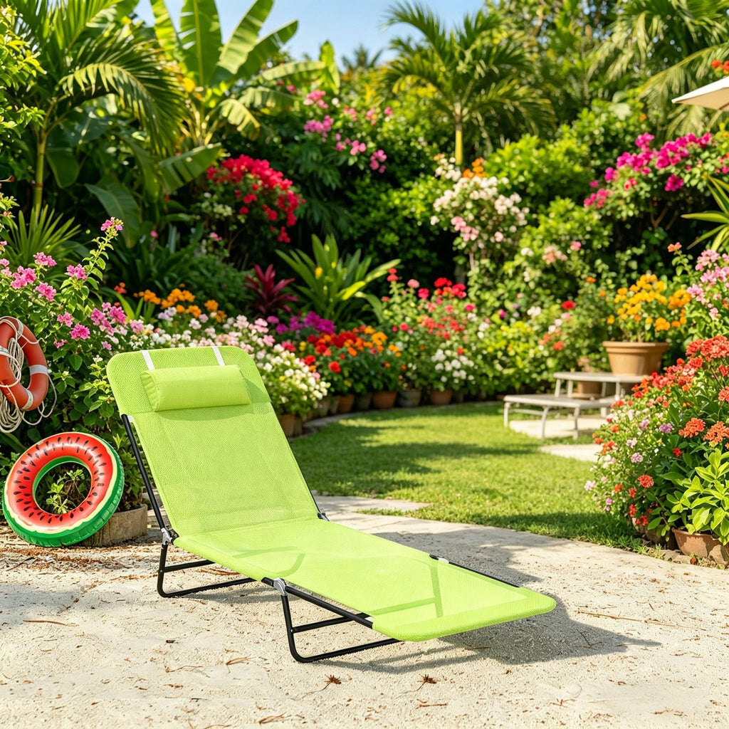 Outdoor Folding Chaise Lounge Chair Breathable Mesh Seat Reclining Back Pool Sun Tanning Chair with Headrest