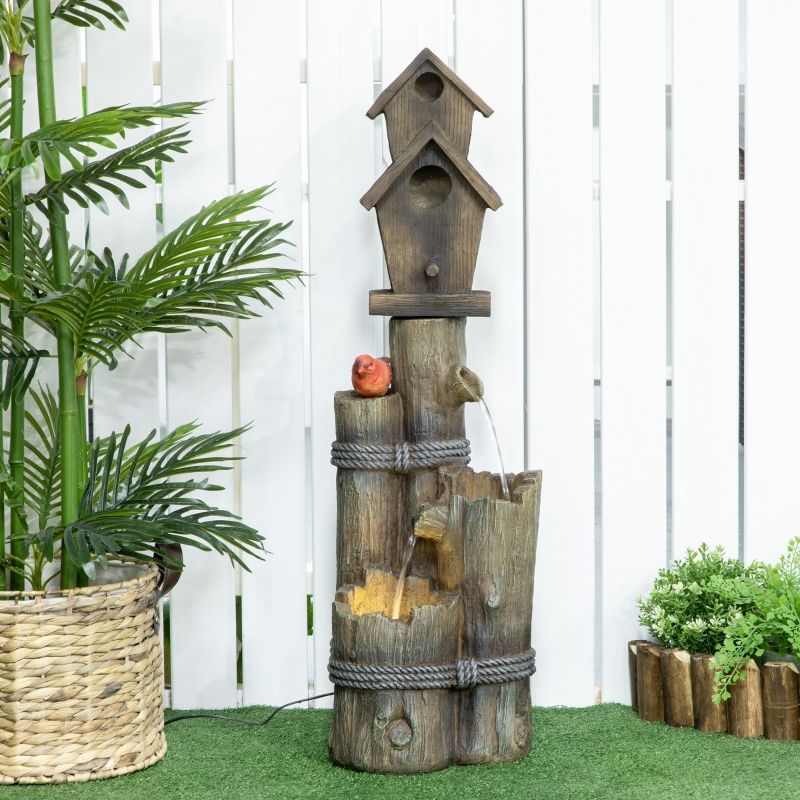 Outdoor Fountain with Birdhouse, Cascading Garden Waterfall Bird Bath with 3-Tier Rustic Tree Trunk / Log Design, LED Lights for Porch, Deck, Yard Decor, Brown