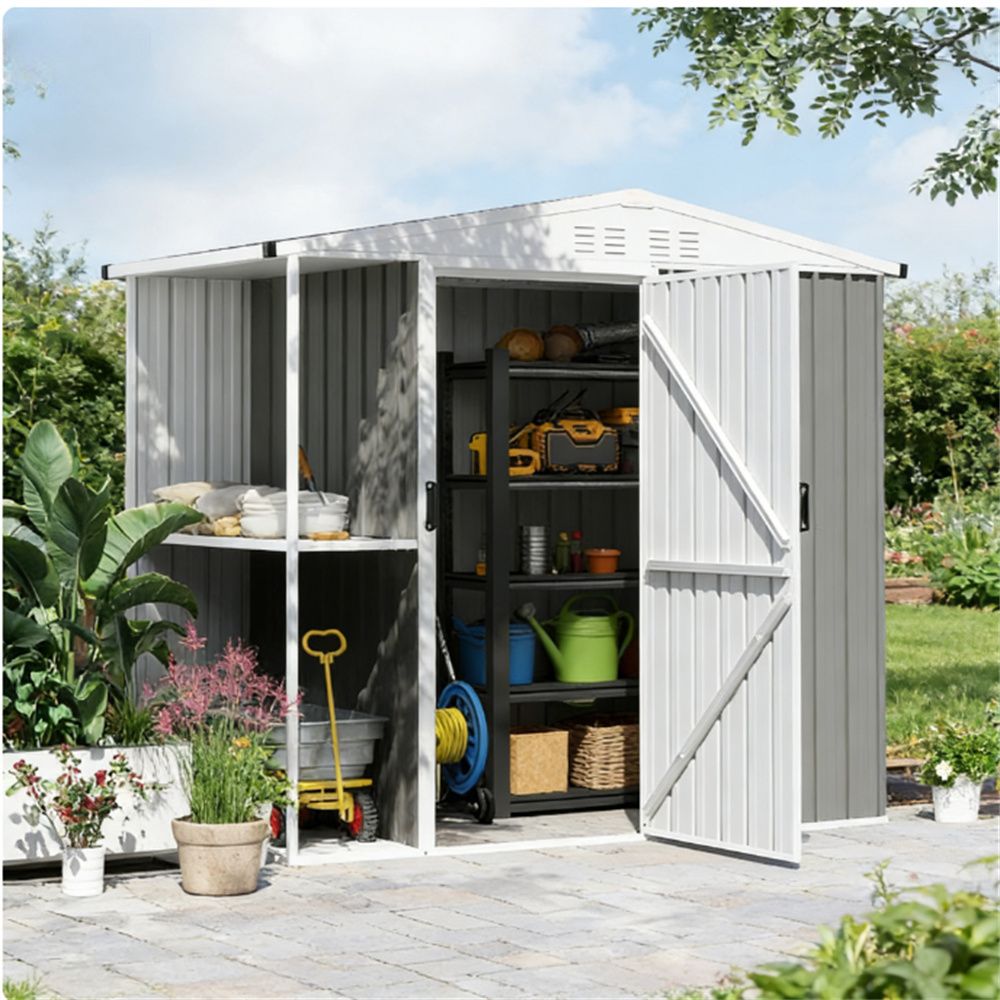 Outdoor garden shed, metal shed, tool room, warm gray