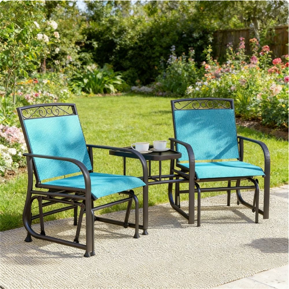 Outdoor gliding chair with coffee table, terrace with 2 chairs, garden chair, blue
