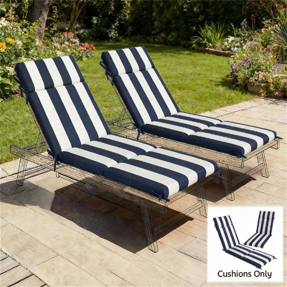 Outdoor lounge chair cushion 2-piece set, cushion, dark blue and white