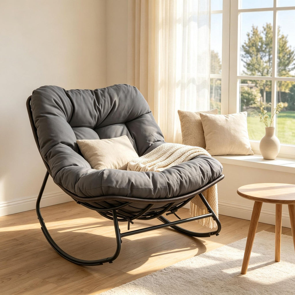 Outdoor Papasan Rocking Chair Thick Cushion Padded Lounge Furniture for Backyard Garden Patio Comfortable Relaxing Seat