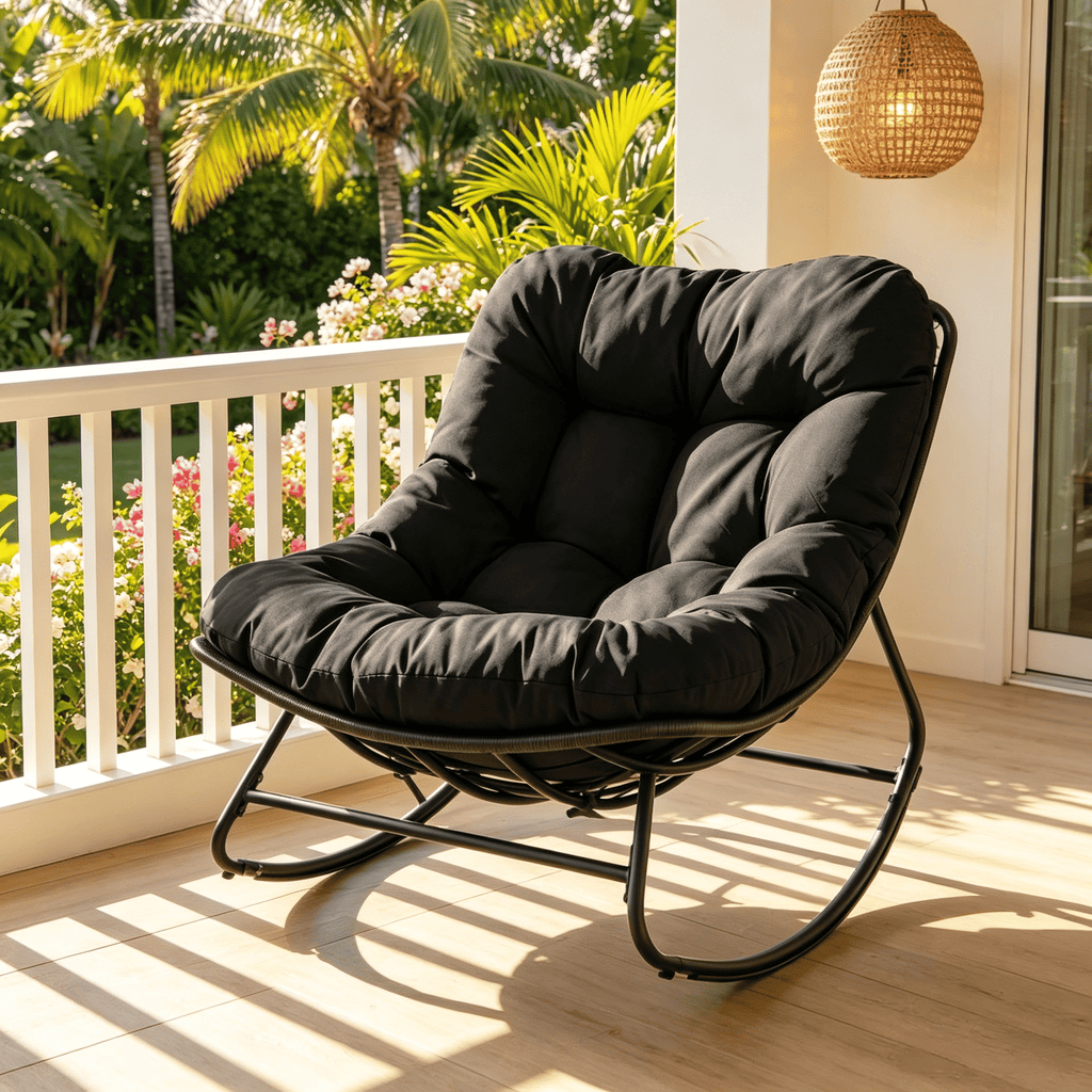 Outdoor Papasan Rocking Chair Thick Cushion Padded Lounge Furniture for Backyard Garden Patio Comfortable Relaxing Seat