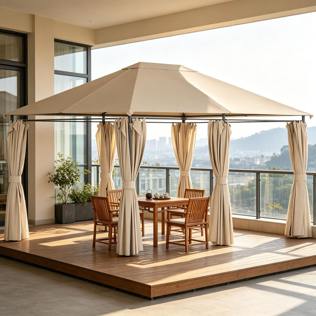 Outdoor Patio Gazebo Canopy Shelter 10' X 13' with 6 Removable Sidewalls Khaki Steel Frame for Garden Lawn Backyard And Deck