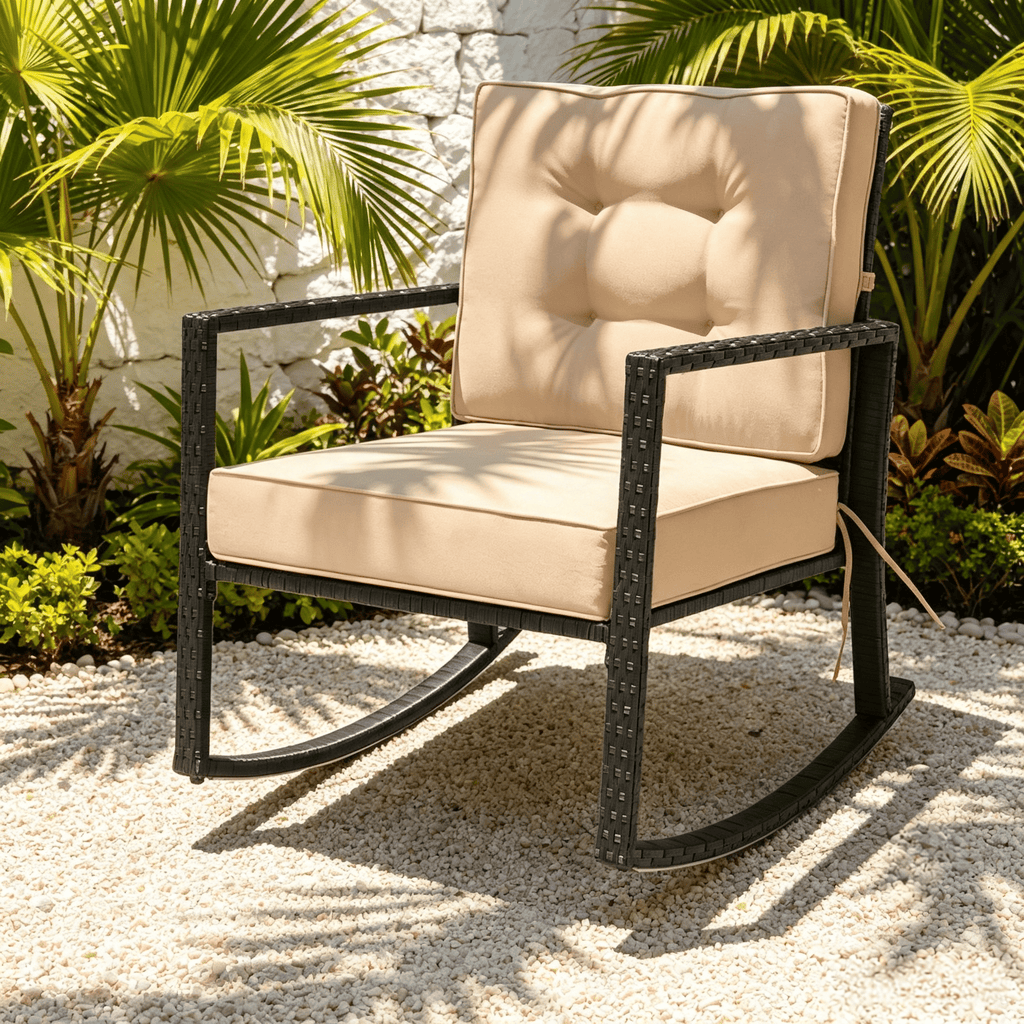 Outdoor Patio Rattan Rocker Glider Rocking Chair Cushion Lawn Furniture Set - Comfortable Seating for Backyards And Gardens