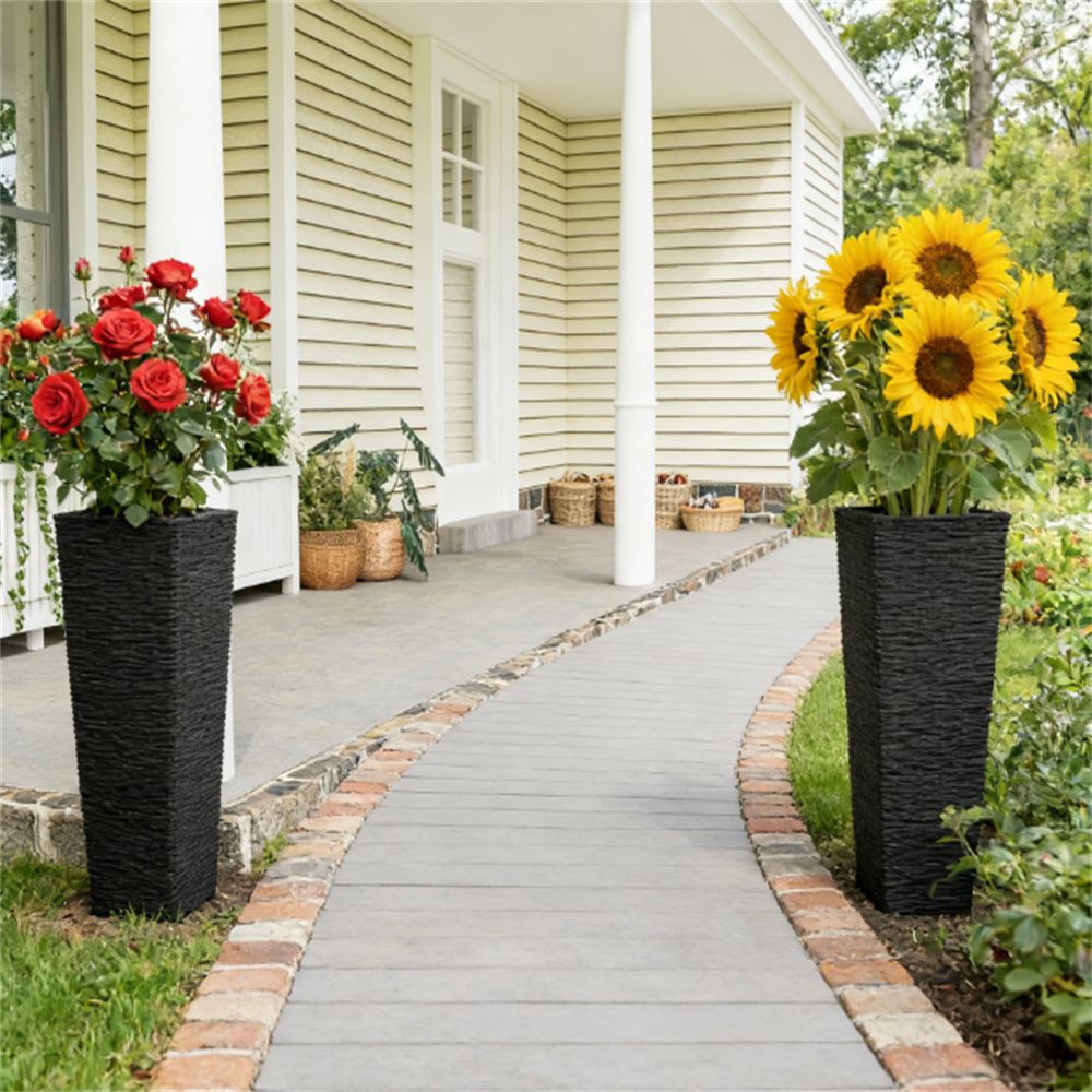 Outdoor plant flowerpot, set of 2 plastic flowerpots, black