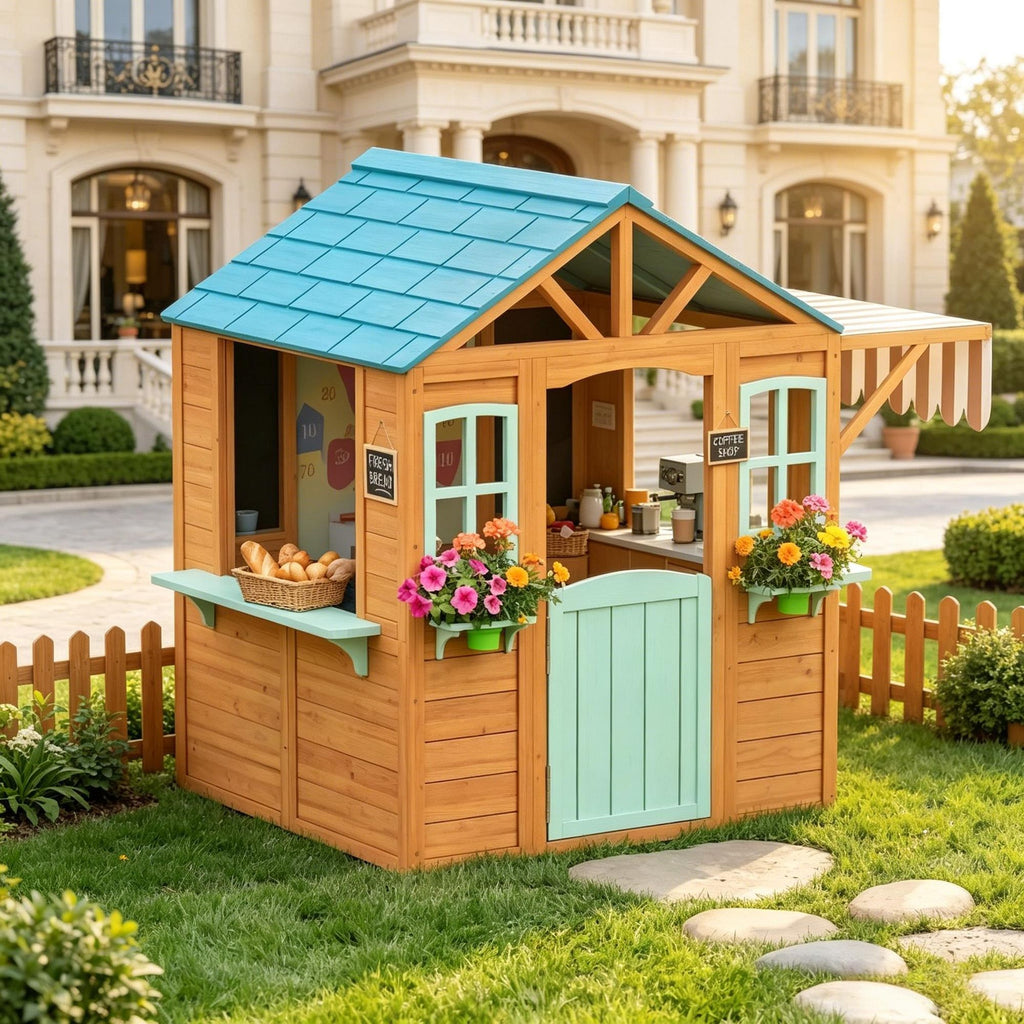 Outdoor Playhouse with Snack Bar Half Door Windows Flowerpot Holders Chalkboard Tossing Game  Garden Playhouse
