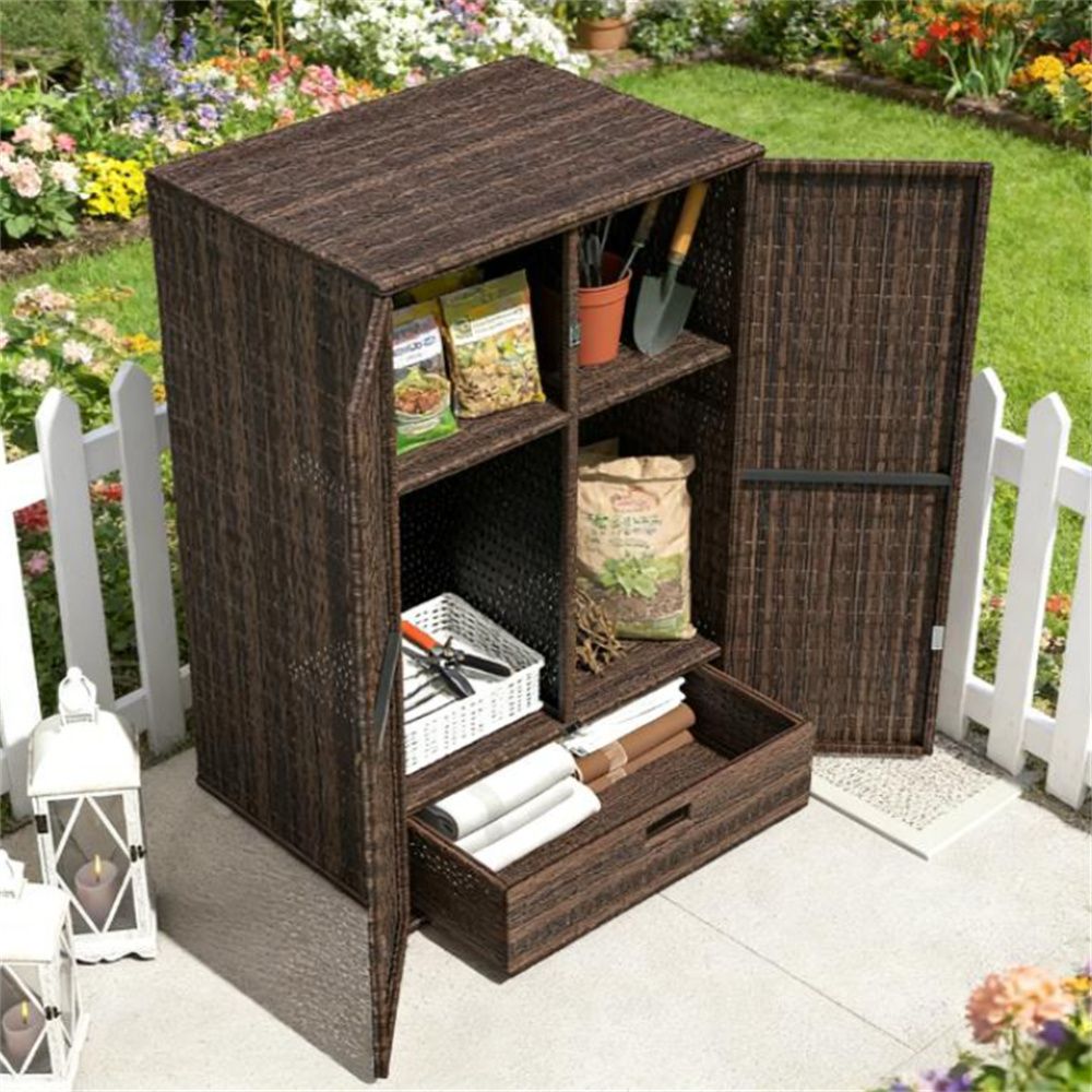 Outdoor storage cabinet, shelf, mixed brown
