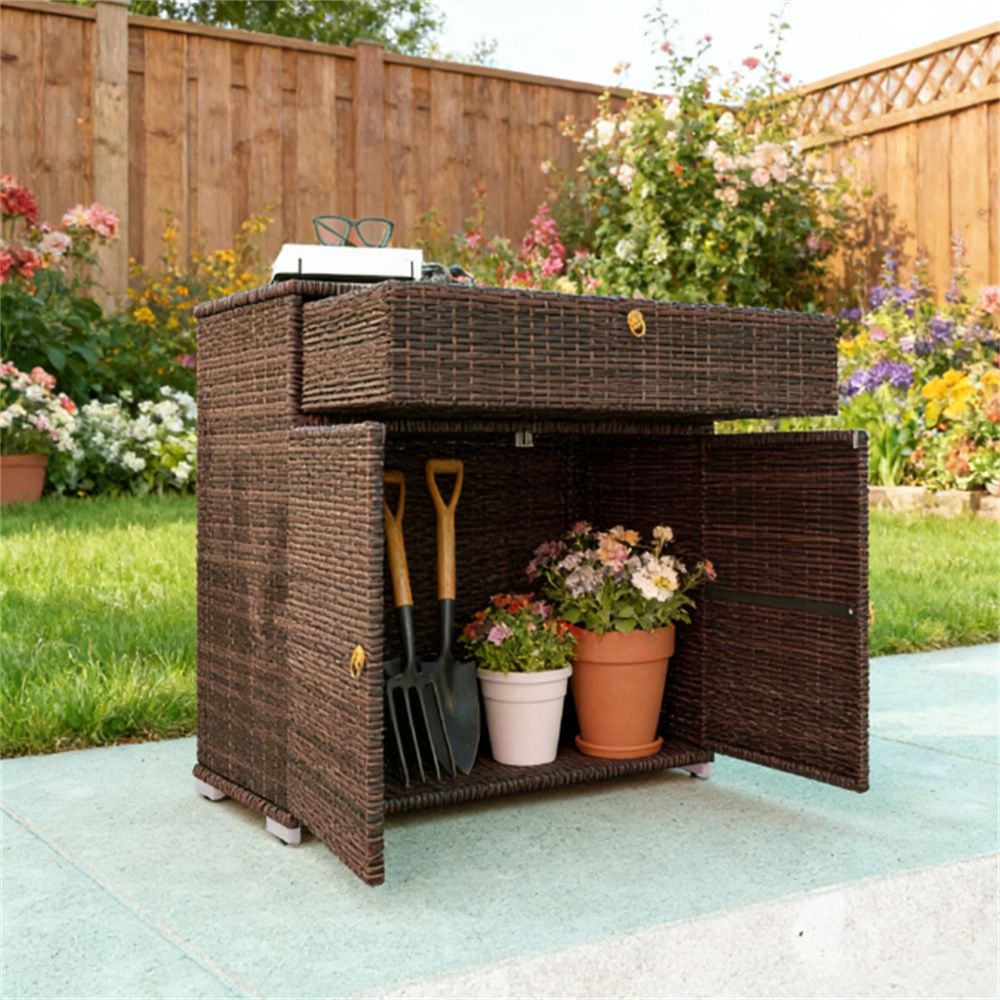 Outdoor storage cabinet, shelf, mixed brown